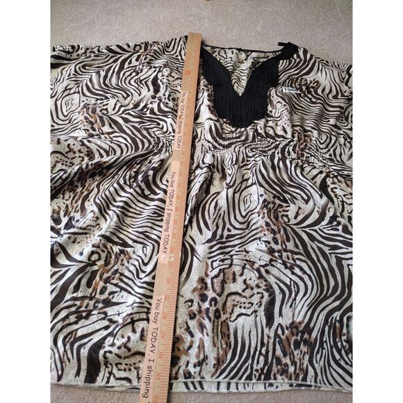 BEBE Tunic Top Woman M Black Brown Zebra Kimono Sleeves Accent Neck‎ Beach Pool - Picture 5 of 6